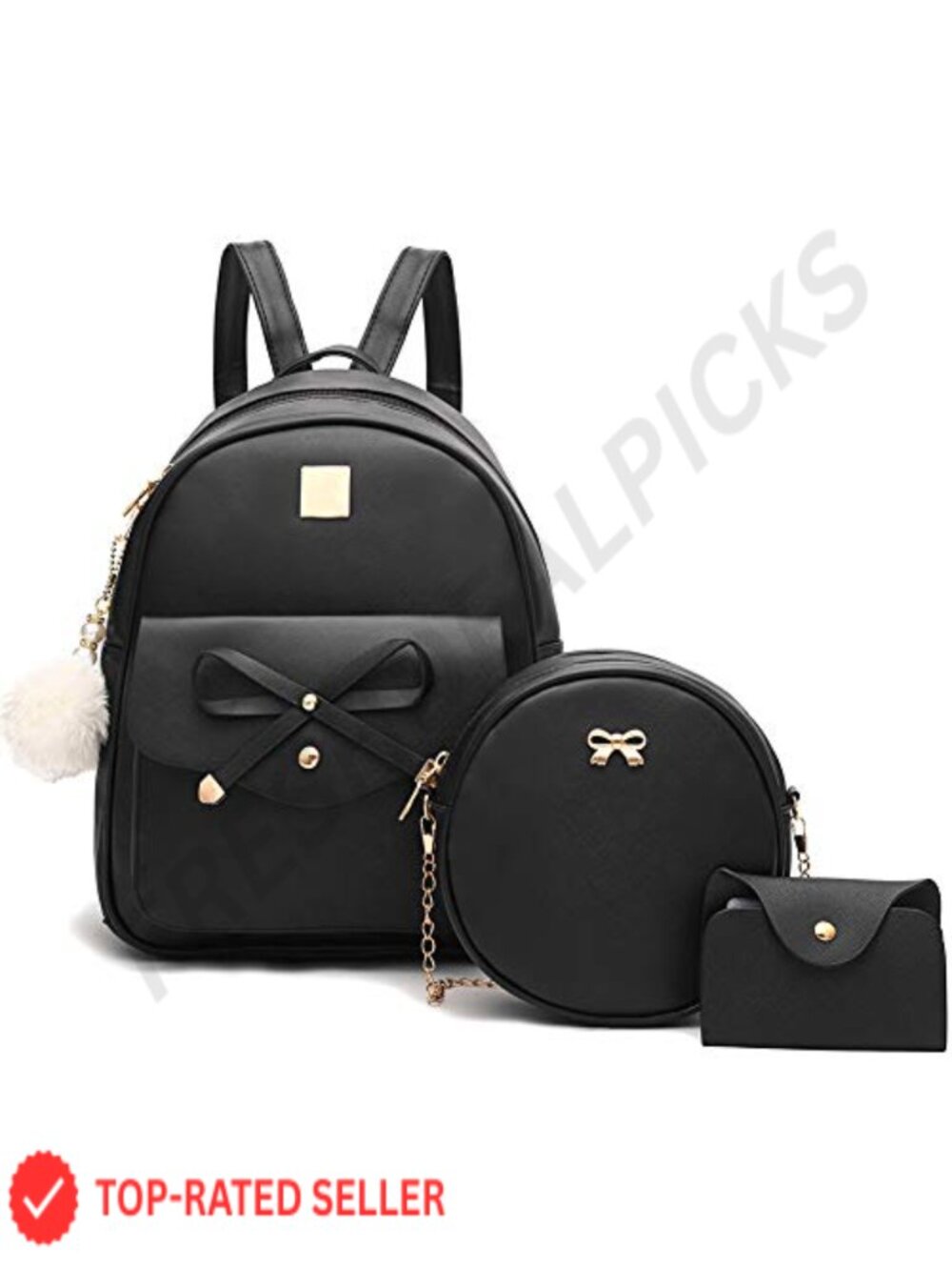 Faux Leather 3-Piece Bowknot Backpack Purse Set for Women Girls Travel